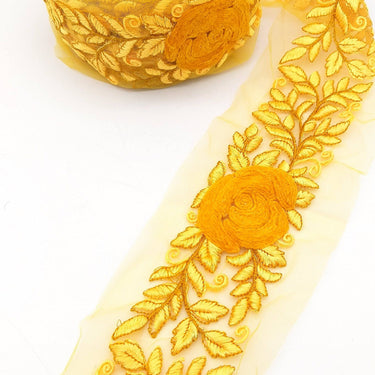Orange Yellow Soft Net Fabric Lace Trim with Floral Embroidery, Lace Trim, Sari Border